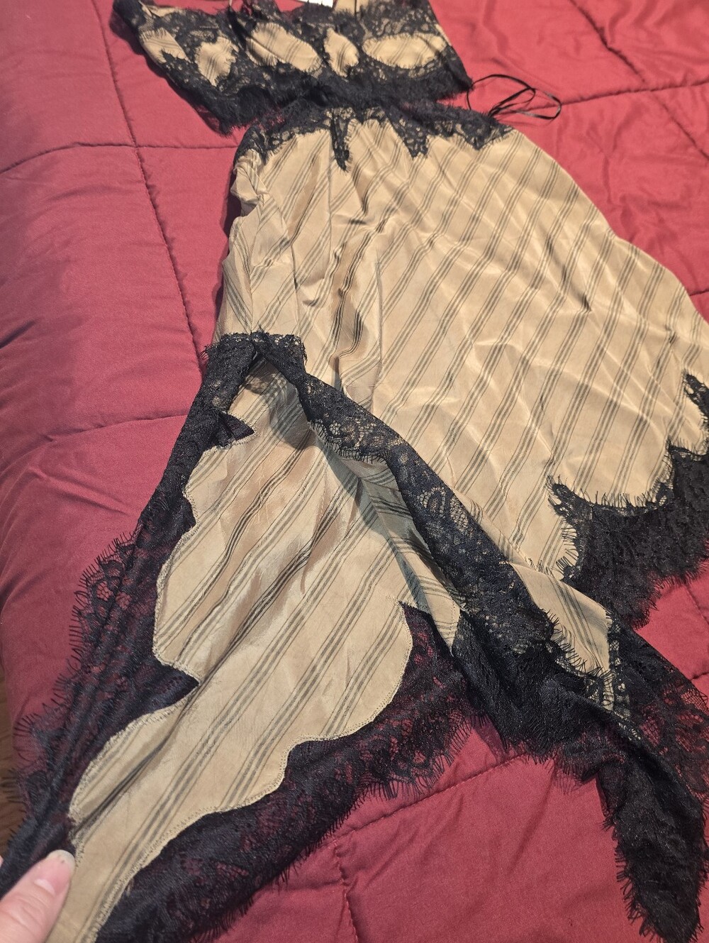 Zara Olive Green Slip Dress with Black Lace Trim - Picture 11 of 16